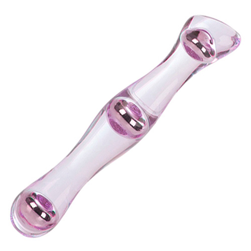 A berman kegel exerciser it is glass with pink weighted areas for pelvic floor exercises.
