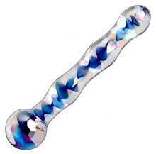 Icicles brand glass dildo with blue spiral pattern inside and a bulbous end. 