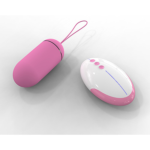 a remote control wireless bullet vibrator in pink with a pink and white remote control sit on a white background. The vibrator has a small pull cord.
