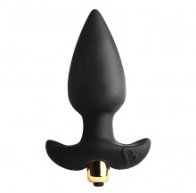 A black Butt plug with a gold button. Shaped to resemble a Fleur d lise 